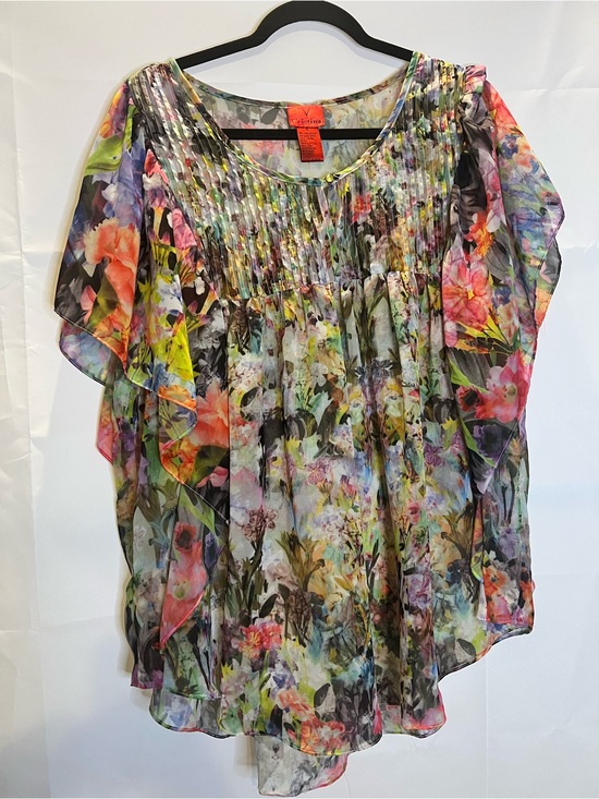 Christina Tops - V Cristina Sheer Watercolor Floral Chiffon Blouse - Size XL Boho Flutter Sleeve